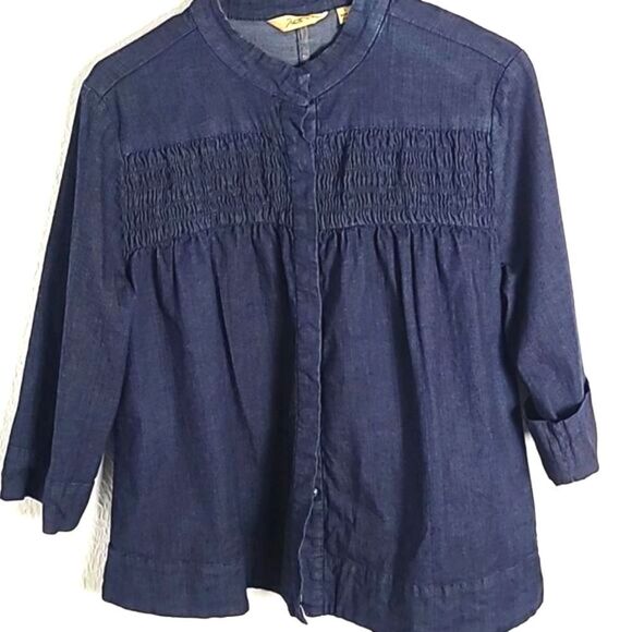 Motto Dark Wash Denim Top with Shirred Elastic, Hidden Snap Buttons, Size Small - Picture 1 of 11